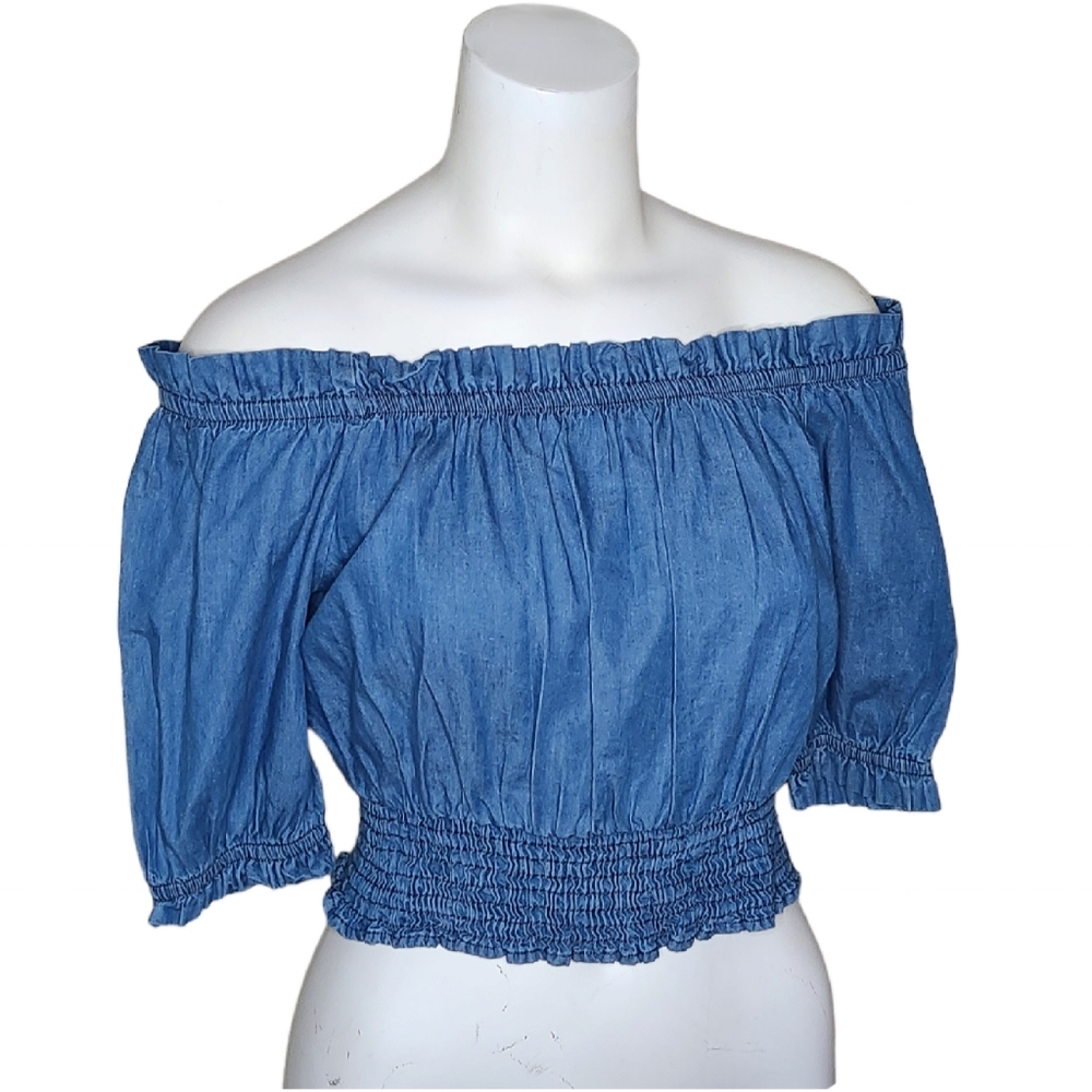 Denim off the shoulder crop top. Size Medium